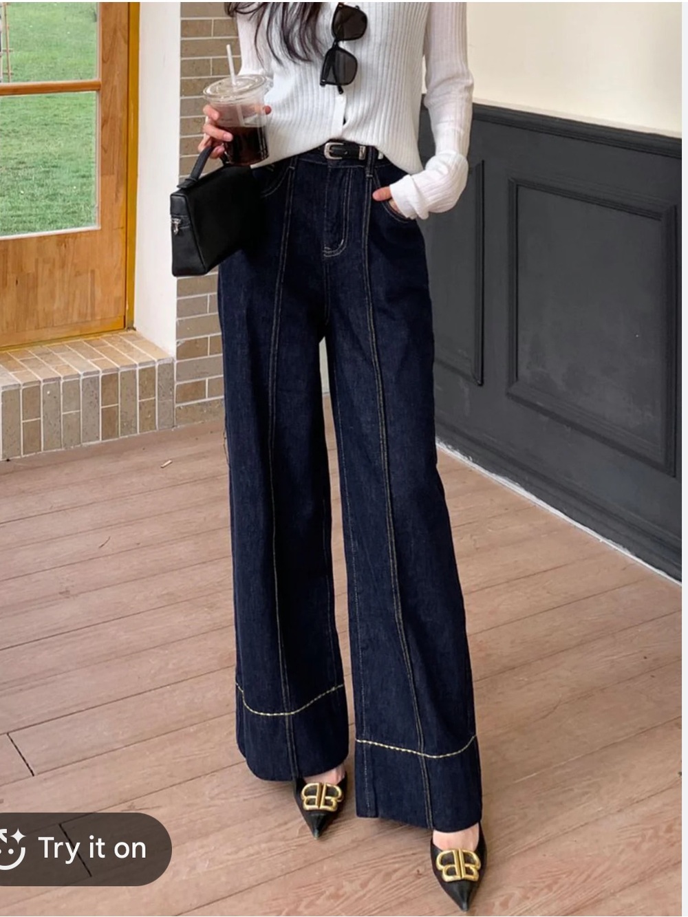 Commense Dark Indigo Wide-Leg Jeans with Contrast Stitching